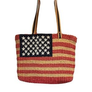 Amanda Smith Purse Woven Straw Tote Bag American Flag Denim 12" x 10.5" Straps